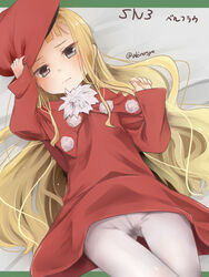  akino_shuu arm_up bed_sheet belfraw_martini beret blonde_hair capelet closed_mouth commentary_request dress female grey_eyes hand_on_headwear hat long_hair long_sleeves looking_at_viewer lying on_back pantyhose red_capelet red_dress red_hat sleeves_past_wrists solo summon_night summon_night_3 thigh_gap twitter_username very_long_hair white_pantyhose 