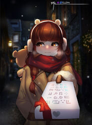  absurdres arm_behind_back blunt_bangs blurry blurry_background blush brown_eyes brown_gloves brown_hair closed_mouth coat daeno earmuffs exorcist_miya female fur-trimmed_sleeves fur_trim gift gloves guardian_tales heart highres holding holding_gift incoming_gift lamppost long_hair looking_to_the_side night outdoors red_scarf scarf snowing solo stuffed_animal stuffed_toy teddy_bear twitter_username upper_body wavy_mouth winter winter_clothes 