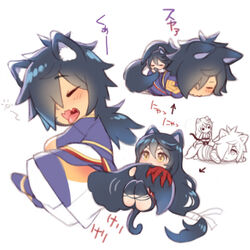  1boy :3 animal_ears arrow_(symbol) black_hair cat_ears cat_tail chibi closed_eyes couple cowgirl_position female folks_(nabokof) hair_over_one_eye hugging_another&#039;s_tail hugging_tail japanese_clothes kemonomimi_mode long_hair lying lying_on_person multiple_views on_stomach open_mouth rokurou_rangetsu simple_background sleeping straight tail tales_of_(series) tales_of_berseria velvet_crowe wavy_mouth yawning yellow_eyes 