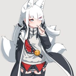  animal_ear_fluff animal_ears badge black_jacket black_skirt black_thighhighs blue_eyes blunt_bangs button_badge candy cowboy_shot drawstring extra_ears eyes_visible_through_hair facing_viewer female food food_in_mouth fox_ears fox_girl fox_tail grey_background hair_over_one_eye hand_in_pocket hand_up highres holding holding_food hood hood_down hoodie jacket kitsune koyuki_(kuro_kosyou) kuro_kosyou lollipop long_hair long_sleeves looking_to_the_side multiple_tails open_clothes original pleated_skirt short_eyebrows simple_background skirt slit_pupils smiley_face solo standing tail thick_eyebrows thighhighs twintails white_hair white_hoodie zettai_ryouiki zipper 