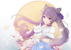  ^_^ animal blue_dress carrying cherry_blossoms choker closed_eyes collarbone commentary double_bun dress feline female genshin_impact hair_bun highres keqing_(genshin_impact) long_hair moon purple_choker purple_eyes purple_hair qingye_ling short_sleeves smile twintails white_cat 