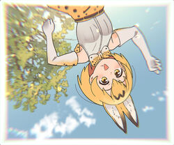  animal_ears bare_shoulders blonde_hair bow bowtie elbow_gloves extra_ears female gloves high-waist_skirt kemono_friends korean_commentary multicolored_hair nakta print_bow print_bowtie print_gloves print_skirt serval_(kemono_friends) serval_print shirt short_hair skirt sleeveless solo traditional_bowtie upside-down white_shirt yellow_eyes 