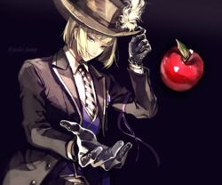  1boy apple bad_id bad_pixiv_id black_gloves blonde_hair food fruit gloves green_eyes hand_on_headwear hat hat_tip highres koshika_rina long_sleeves looking_at_viewer male_focus necktie night_raven_college_uniform ribbon rook_hunt school_uniform shirt smile solo striped_necktie twisted_wonderland vest waistcoat 