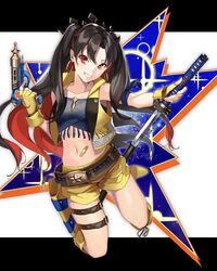  akamiso_(k074510) bandaid belt black_hair boots breasts commentary_request fate/grand_order fate_(series) female fingerless_gloves gloves grin gun holding holding_gun holding_sword holding_weapon holster ishtar_(fate) katana long_hair looking_at_viewer midriff navel red_eyes red_hair sheath shorts sleeveless smile solo space_ishtar_(fate) space_ishtar_(second_ascension)_(fate) sword thigh_strap tiara unsheathing very_long_hair weapon yellow_gloves 