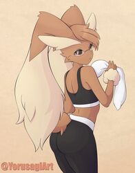  anthro arm_tuft ass big_ears bottomwear brown_body brown_fur clothing crop_top eyewear femboy fur generation_4_pokemon glasses lagomorph long_ears lopunny male mammal midriff nintendo pants pokemon pokemon_(species) shirt solo topwear towel tuft workout_clothing wrist_tuft yoga_pants yorusagi 