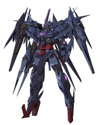  00_raiser absurdres beam_rifle cunkou_mangren dark_persona energy_gun fusion gn_drive gundam gundam_00 gundam_00_sky gundam_build_divers highres looking_down mecha no_humans purple_eyes robot science_fiction solo standing v-fin weapon white_background 