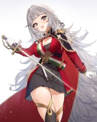  aiguillette azur_lane braid breasts cleavage commentary epaulettes female gloves grey_eyes grey_hair holding holding_weapon italian_flag large_breasts long_hair looking_at_viewer military military_uniform open_mouth rapier skindentation solo sword thighhighs uhhgaoh uniform very_long_hair vittorio_veneto_(azur_lane) weapon white_gloves 