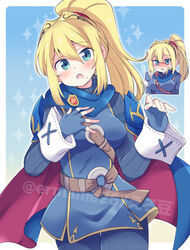  alternate_costume armor belt blonde_hair blue_gloves blush breasts cape cosplay eromame female fingerless_gloves fire_emblem fire_emblem_awakening gloves hair_between_eyes large_breasts long_hair looking_at_viewer lucina_(fire_emblem) lucina_(fire_emblem)_(cosplay) metroid mole mole_under_mouth multiple_views open_mouth ponytail samus_aran shoulder_armor tiara twitter_username 