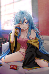  absurdres blue_eyes blue_hair blush brand_name_imitation breasts can cleavage closed_mouth coca-cola crop_top elie_wayne female highres jacket jan_azure large_breasts long_hair long_sleeves looking_at_viewer mole mole_on_thigh off_shoulder one_eye_closed original panties pillow pink_panties pink_tank_top rubbing_eyes sitting solo strap_slip tank_top underwear wariza window 