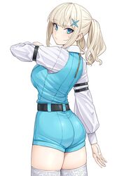  ass belt blonde_hair blue_eyes breasts collared_shirt female hair_ornament highres large_breasts light_blonde_haired_girl_(michihasu) looking_at_viewer looking_back michitaro_smile original puffy_sleeves shirt solo sweatdrop thighhighs thighs twintails white_thighhighs zipper 