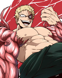  1boy abs bara blonde_hair boku_no_hero_academia bulge evil_grin evil_smile facial_hair grin highres kuroshinki large_pectorals looking_at_viewer male_focus mature_male muscular muscular_(boku_no_hero_academia) muscular_male nipples pectorals scar scar_across_eye shirtless short_hair smile solo stomach 