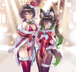  2girls ahoge animal_ear_fluff animal_ears arm_at_side bare_shoulders bikini black_hair black_pantyhose blue_eyes blurry blurry_background bow braid braided_ponytail breasts christmas closed_mouth commentary covered_navel crown detached_collar dot_nose elbow_gloves eyepatch fur_trim gloves green_eyes green_hair hair_between_eyes hair_ornament hairbow highleg highleg_leotard highleg_panties highres legs_together leotard long_hair looking_at_viewer matsuda_(matsukichi) mini_crown multicolored_hair multiple_girls off_shoulder original panties pantyhose red_gloves red_leotard red_thighhighs santa_bikini santa_leotard shiny_clothes single_thighhigh small_breasts smile sparkle standing streaked_hair swimsuit tail thighhighs underwear white_gloves 