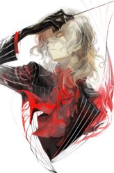  1boy antonio_salieri_(fate) antonio_salieri_(second_ascension)_(fate) ascot black_gloves black_jacket closed_eyes collared_shirt conductor_baton ezu_(e104mjd) fate/grand_order fate_(series) formal gloves grey_hair hair_between_eyes highres holding jacket long_sleeves male_focus medium_hair pinstripe_pattern red_ascot red_theme shirt simple_background solo striped suit upper_body wavy_hair white_background white_shirt 