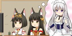  3girls alternate_costume animal_ear_fluff animal_ears apron azur_lane bare_shoulders belfast_(azur_lane) belfast_(azur_lane)_(cosplay) black_hair blue_dress blush breasts chestnut_mouth cleavage closed_mouth collarbone commentary_request cosplay cup detached_sleeves dress enmaided enterprise_(azur_lane) flying_sweatdrops fox_ears frilled_apron frills gloves grey_hair hair_ornament headpiece imagining japanese_clothes kimono long_hair maid maid_headdress mitya multiple_girls mutsu_(azur_lane) nagato_(azur_lane) parted_lips pleated_dress red_dress sleeveless sleeveless_dress sleeveless_kimono small_breasts smile strapless strapless_dress thought_bubble twitter_username very_long_hair watching_television white_apron white_gloves white_kimono white_sleeves yunomi 