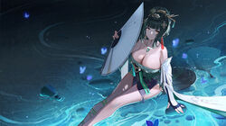  bare_shoulders black_gloves black_hair breasts china_dress chinese_clothes chinese_commentary cleavage commentary dress elbow_gloves female folding_fan gloves gouros green_dress hair_ornament hairpin hand_fan hanying:_zitherwoe_(punishing:_gray_raven) hanying_(punishing:_gray_raven) highres jewelry large_breasts necklace orange_eyes punishing:_gray_raven sidelocks soles solo 