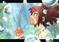  1boy bad_id bad_twitter_id bead_necklace beads blurry blurry_background blush brown_hair closed_mouth collarbone commentary_request crying dark-skinned_male dark_skin eyelashes fingernails from_side hair_tie highres holding jewelry koko_(pokemon) letterboxed looking_up male_focus mato. necklace outside_border pokemon pokemon_(anime) pokemon_the_movie:_secrets_of_the_jungle smile solo sparkle tears tied_hair topless_male upper_body water_drop 