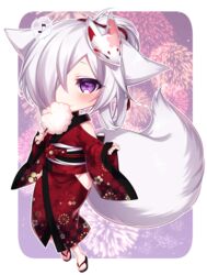  aika_(konshin) animal_ears blush chibi female fingerless_gloves fox_ears fox_mask fox_tail gloves hair_over_one_eye hip_vent japanese_clothes kimono konshin looking_at_viewer mask mask_on_head obi original purple_eyes sandals sash short_hair solo tail white_hair yukata 