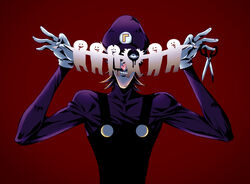  ._. 1boy big_nose bleeding blood clenched_teeth commentary_request evil_smile facial_hair frown kintamania801 male_focus mario_(series) moustache overalls paper_cutout pectorals purple_shirt red_background scissors shirt short_hair simple_background smile solo teeth toned toned_male upper_body waluigi 