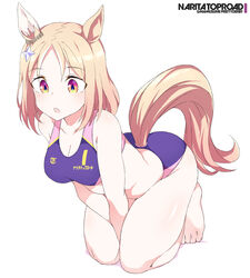  all_fours animal_ears barefoot bikini blonde_hair blue_bikini breasts cleavage female horse_ears horse_girl horse_tail medium_breasts narita_top_road_(umamusume) red_eyes shigino_sohuzi short_hair simple_background solo sports_bikini swimsuit tail translated umamusume umamusume:_road_to_the_top v_arms white_background 