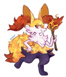  2018 anthro black_body black_fur blynxee braixen canid canine cheek_tuft chest_tuft facial_tuft fangs feet female fingers fire fur generation_6_pokemon holding_object mammal nintendo orange_nose pokemon pokemon_(species) red_body red_fur simple_background smile solo stick teeth toes tuft walking white_background white_body white_fur yellow_body yellow_fur 