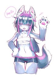  :3 ^_^ animal_ear_fluff animal_ears animal_nose aqua_hair bare_shoulders blue_fur blue_shorts body_fur chinese_commentary claws closed_eyes commentary_request cowboy_shot cropped_legs english_commentary english_text facing_viewer female flat_chest fox_ears fox_girl fox_tail furry furry_female hand_on_own_hip hand_up happy head_tilt jpeg_artifacts linmiu_(smilemiku) long_hair mixed-language_commentary multicolored_hair navel open_mouth original pawpads pink_hair sarashi short_shorts shorts sidelocks simple_background smile solo speech_bubble standing stomach streaked_hair tail talking thigh_gap two-tone_fur waving white_background white_fur white_hair 