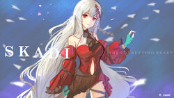  absurdres aqua_gloves arknights bare_shoulders blue_background character_name clothing_cutout cowboy_shot detached_sleeves dress english_commentary female fingerless_gloves gloves hand_up highres long_hair long_sleeves looking_at_viewer naoel_(naoel_art) navel navel_cutout no_headwear official_alternate_costume red_dress red_eyes skadi_(arknights) skadi_the_corrupting_heart_(arknights) solo twitter_username very_long_hair white_hair 