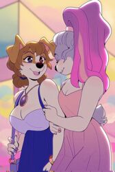  absurd_res anthro beatrice_baker breasts canid canine canis charmsey cleavage clothed clothing domestic_dog duo eyewear female hair heterochromia hi_res hunting_dog jack_russell_terrier mammal pink_hair terrier tongue 