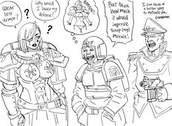  2boys ? absurdres adepta_sororitas armor artificial_eye astra_militarum bb_(baalbuddy) bolt_pistol breasts commissar english_text female fleur-de-lis greyscale hands_in_pockets hat highres large_breasts monochrome multiple_boys peaked_cap power_armor scar scar_across_eye scar_on_face simple_background speech_bubble swept_bangs thought_bubble warhammer_40k white_background 