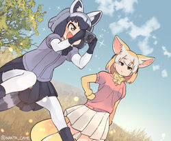  2girls animal_ears black_bow black_bowtie black_gloves black_hair black_legwear black_skirt blonde_hair blue_sweater bow bowtie brown_eyes camera commentary_request common_raccoon_(kemono_friends) elbow_gloves extra_ears fennec_(kemono_friends) fox_ears fox_girl fox_tail fur_collar gloves grey_hair kemono_friends korean_commentary multicolored_hair multiple_girls nakta oerba_yun_fang open_mouth outdoors pantyhose pink_sweater pleated_skirt puffy_short_sleeves puffy_sleeves raccoon_ears raccoon_girl raccoon_tail short_hair short_sleeves skirt sweater tail thighhighs two-tone_gloves two-tone_legwear white_fur white_gloves white_hair white_legwear white_skirt yellow_bow yellow_bowtie yellow_gloves yellow_legwear zettai_ryouiki 