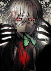  1boy antonio_salieri_(fate) antonio_salieri_(second_ascension)_(fate) ascot bad_id bad_pixiv_id black_gloves black_jacket bug butterfly collared_shirt eyebrows fate/grand_order fate_(series) formal gloves jacket long_sleeves looking_at_viewer male_focus parted_lips pinstripe_pattern red_ascot red_eyes shirt short_hair solo striped suit uehara_(higanbachi) upper_body white_hair white_shirt 