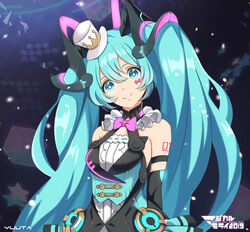  39 aqua_eyes aqua_hair commentary cube diamond_(shape) female hat hatsune_miku head_tilt headphones highres holding holding_microphone holding_wand long_hair looking_at_viewer magical_mirai_(vocaloid) magical_mirai_miku magical_mirai_miku_(2019) megaphone microphone microphone_stand microphone_wand mini_hat mini_top_hat number_tattoo ribbon smile tattoo top_hat twintails upper_body very_long_hair vocaloid wand yuuta_(yuuta0312) 