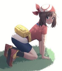  absurdres all_fours ass bandana bike_shorts blue_eyes brown_hair fanny_pack female full_body grass highres looking_at_viewer may_(pokemon) on_grass pokemon pokemon_rse red_bandana red_footwear red_shirt shirt short_sleeves shorts smile solo tennosuke_(tejons) white_background 