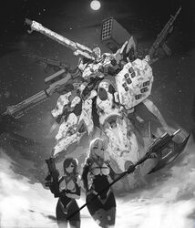  2girls absurdres axe breasts commission english_commentary expressionless extra_arms glowing glowing_eye greyscale gun highres holding holding_axe holding_gun holding_shield holding_weapon looking_at_viewer mecha medium_breasts medium_hair missile_pod monochrome multiple_girls one-eyed original pilot_suit robot science_fiction shield shoulder_cannon star_(symbol) syaha unfinished v-shaped_eyebrows veil weapon 