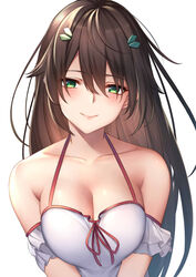  bare_shoulders blush breasts brown_hair cleavage closed_mouth collarbone commentary dress female green_eyes hair_between_eyes hair_ornament highres large_breasts long_hair looking_at_viewer original red_ribbon ribbon simple_background sleeveless sleeveless_dress smile solo upper_body v_arms white_background white_dress ym_(distance819) 