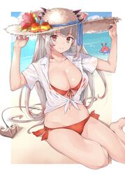  arms_up bad_id bad_twitter_id bare_legs beach bikini blue_bow blue_ribbon bow breasts cleavage collarbone commentary_request cone_hair_bun crab day female front-tie_bikini_top front-tie_top grey_hair hair_bun hat hat_bow hat_ribbon highres honey_strap large_breasts looking_at_viewer multicolored_hair nanashi_inc. navel outdoors parted_lips pointy_ears red_eyes red_hair ribbon rippootai shirt side-tie_bikini_bottom sitting solo straw_hat streaked_hair sun_hat suou_patra swimsuit tail tied_shirt two-tone_hair virtual_youtuber water wet wet_clothes wet_shirt 