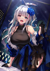  :d alternate_costume bent_over black_dress black_gloves blue_eyes blue_flower blue_rose blurry blurry_background blush breasts cenangam choker collarbone commentary_request cross cross_earrings dress earrings female flower garter_straps girls&#039;_frontline gloves grey_hair hair_flower hair_ornament hair_ribbon half_gloves heart heart-shaped_pupils heavy_breathing heterochromia highres indoors jewelry large_breasts long_hair looking_at_viewer mdr_(cocktail_observer)_(girls&#039;_frontline) mdr_(girls&#039;_frontline) multicolored_hair night off_shoulder official_alternate_costume one_side_up open_mouth pink_eyes pink_hair ribbon rose sidelocks smile solo sparkle streaked_hair sweat symbol-shaped_pupils thighhighs window 