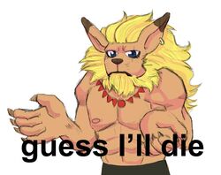  abs ambiguous_gender anthro bandai_namco biceps black_nose blue_eyes bottomwear brown_hair claws clothed clothing collar digimon digimon_(species) ear_piercing facial_hair felid fur guess_i&#039;ll_die hair leomon lion long_ears looking_at_viewer male mammal mane meme muscular muscular_anthro muscular_male pantherine pants piercing reaction_image scar simple_background solo text time-lime_(artist) topless yellow_body yellow_fur 