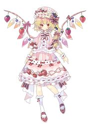  blonde_hair blueberry blush bow bowtie checkered_footwear cherry commentary crystal expressionless female flandre_scarlet flower food frilled_skirt frilled_socks frills fruit full_body hair_flower hair_ornament hair_ribbon hat highres kneehighs lolita_fashion looking_at_viewer mary_janes mob_cap neck_ribbon nikorashi-ka pink_vest puffy_short_sleeves puffy_sleeves red_bow red_eyes red_footwear red_ribbon ribbon ribbon-trimmed_skirt ribbon_trim shoes short_sleeves side_ponytail simple_background skirt socks solo standing standing_on_one_leg strawberry striped striped_bow striped_ribbon sweet_lolita symbol-only_commentary touhou vest white_background white_socks wings wrist_cuffs 