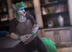  2022 5_fingers anthro canid canine canis claws clothed clothing detailed_background digital_media_(artwork) domestic_dog fingers front_view green_eyes green_hair hair hi_res lesspie looking_at_viewer male mammal solo standing 