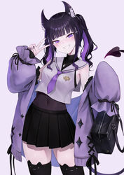  animal_ears bag black_hair blush colored_inner_hair commentary covered_navel cross cross_hair_ornament demon_girl female hair_ornament hands_up highres holding holding_bag inverted_cross kai_(ootamuno12) long_sleeves multicolored_hair necktie original pleated_skirt puffy_long_sleeves puffy_sleeves purple_eyes purple_hair purple_necktie school_uniform shirt skirt sleeveless sleeveless_shirt smile solo teeth thighhighs v 