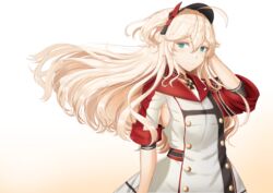  absurdres admiral_hipper_(azur_lane) arm_behind_head azur_lane blonde_hair breasts chiyo_goya closed_mouth commission cross female green_eyes highres iron_cross jewelry long_hair looking_at_viewer necklace simple_background small_breasts smile solo uniform upper_body 