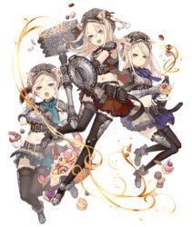  3girls animal_ears armor armored_boots belt belt_pouch blonde_hair blue_little_pig_(sinoalice) boots buckler cake candy cracker cup cupcake doughnut elbow_gloves eyes_visible_through_hair food frills full_body gauntlets gloves green_little_pig_(sinoalice) hammer hat ji_no long_hair macaron midriff multiple_girls official_art pig_ears plump pouch purple_eyes red_little_pig_(sinoalice) shield shoulder_armor siblings sinoalice sisters skinny skirt steak teacup teapot teeth thighhighs transparent_background upper_teeth_only 