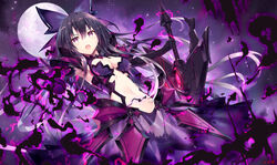  armor aura black_hair bow breasts cleavage commentary_request dark_aura dark_persona date_a_live elbow_gloves female gabiran gloves hair_between_eyes hair_ornament hairbow highres holding holding_sword holding_weapon long_hair looking_at_viewer magic medium_breasts moon navel open_mouth purple_eyes purple_hair solo sword teeth upper_teeth_only weapon yatogami_tenka yatogami_tooka 