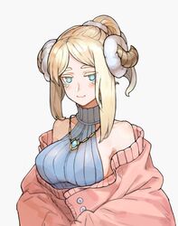  :3 bad_id bad_pixiv_id bare_shoulders blonde_hair blush closed_mouth collarbone commentary_request eyes_visible_through_hair facial_mark female grey_background horns jewelry kahill korean_commentary medium_hair necklace original ponytail sheep_girl sheep_horns simple_background smile solo turtleneck upper_body 