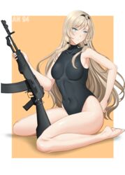  absurdres an-94 an-94_(girls&#039;_frontline) aqua_eyes assault_rifle black_leotard blonde_hair breasts chiyo_goya covered_collarbone covered_navel female girls&#039;_frontline gun highleg highleg_leotard highres kalashnikov_rifle leotard long_hair medium_breasts rifle solo very_long_hair weapon 