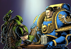  2boys adeptus_astartes arm_wrestling armor assault_visor beer_mug biceps black_hair blue_armor brown_eyes captain_titus clenched_teeth commentary commission crossover cup dated_commentary doom_(series) doomguy english_commentary gauntlets green_armor looking_at_another male_focus manly mixed-language_commentary mug multiple_boys muscular muscular_male pauldrons power_armor praetor_suit science_fiction short_hair shoulder_armor shoulder_cannon substance20 teeth ultramarines very_short_hair warhammer_40k warhammer_40k:_space_marine 