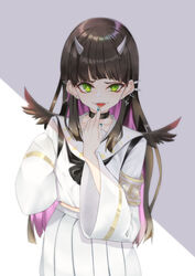  armband black_choker black_hair choker collarbone colored_inner_hair eyeshadow fangs female green_eyes hair_behind_ear highres horns indie_virtual_youtuber long_hair looking_at_viewer makeup multicolored_hair purple_hair red_eyeshadow sailor_collar silver_(suwakosuwako) skirt sleeves_past_fingers sleeves_past_wrists solo straight-on sudama_chitose tongue tongue_out virtual_youtuber white_skirt wings 