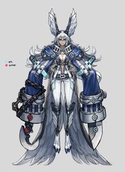  bad_id bad_pixiv_id belt blade blue_eyes breasts chains closed_mouth commentary_request facial_mark feathered_wings female floating_hair grey_background grey_hair head_wings highres kahill korean_commentary long_hair long_sleeves navel o-ring original simple_background sleeves_past_fingers sleeves_past_wrists weapon wings 