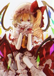  absurdres ascot bangs blonde_hair blurry bow canothy chromatic_aberration crystal curly_hair depth_of_field dress eyebrows_visible_through_hair eyes_visible_through_hair feet_out_of_frame female flandre_scarlet hair_between_eyes hairbow hands_on_own_cheeks hands_on_own_face hands_up hat head_rest highres light_smile looking_at_viewer medium_hair mob_cap one_side_up parted_lips petticoat red_bow red_dress red_eyes simple_background sitting solo touhou white_background white_headwear wings wrist_cuffs yellow_ascot 