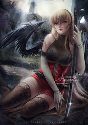  alexandra_mae bangs banned_artist black_hairband black_ribbon black_wings blonde_hair bracelet brown_legwear closed_mouth elbow_gloves feathered_wings female gloves hair_between_eyes hair_ribbon hairband high-waist_skirt highres holding holding_sword holding_weapon jewelry kiss-shot_acerola-orion_heart-under-blade lace_trim long_hair looking_at_viewer miniskirt monogatari_(series) necklace outdoors rain red_skirt ribbon sitting skirt smile solo sword thighhighs very_long_hair weapon white_gloves wings yellow_eyes zettai_ryouiki 